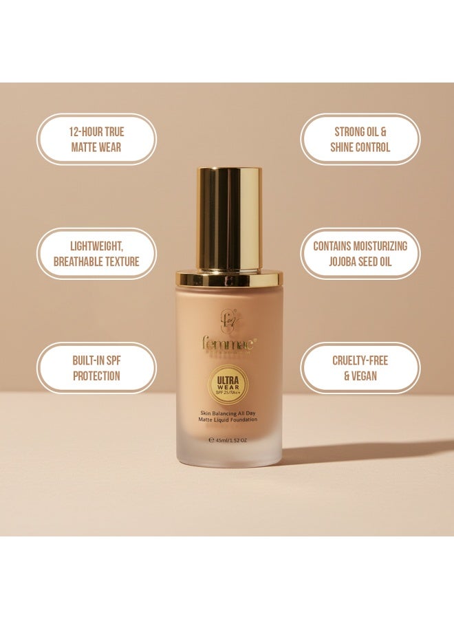 FEMMAC Ultra Wear Matte Liquid Foundation – Long Lasting Full Coverage, Oil Control, Smooth Finish, Hydrating Formula with UV Filters & Jojoba Oil - Image 5